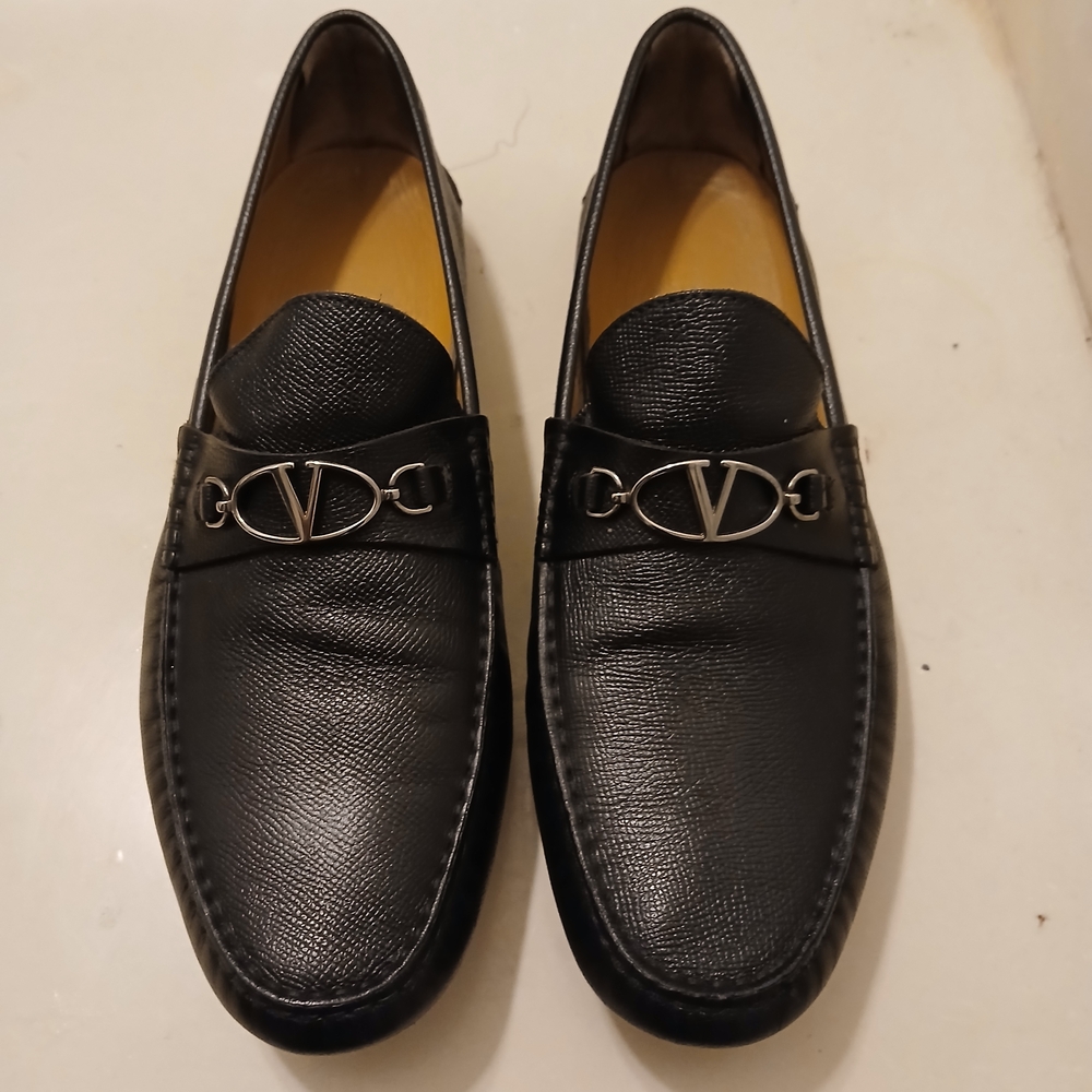 Valentino Garavani Black Leather Loafers with Silver Hardware